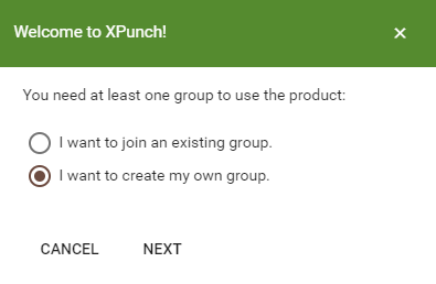 A Screenshot of the XPunch Dialogue That Appears for First-Time Users Offering Them to Create or Join a Group