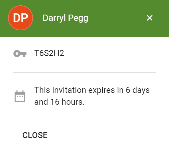 A screenshot of a member's invitation code and expiry date